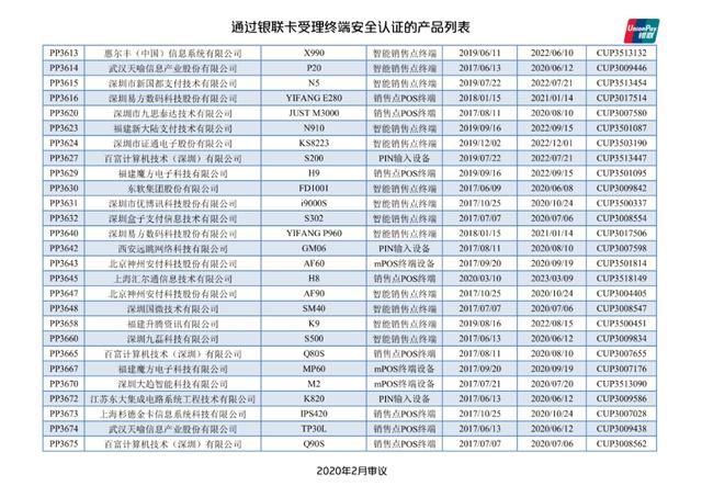 智能POS机：银联公布114款pos终端型号安全认证证书失效